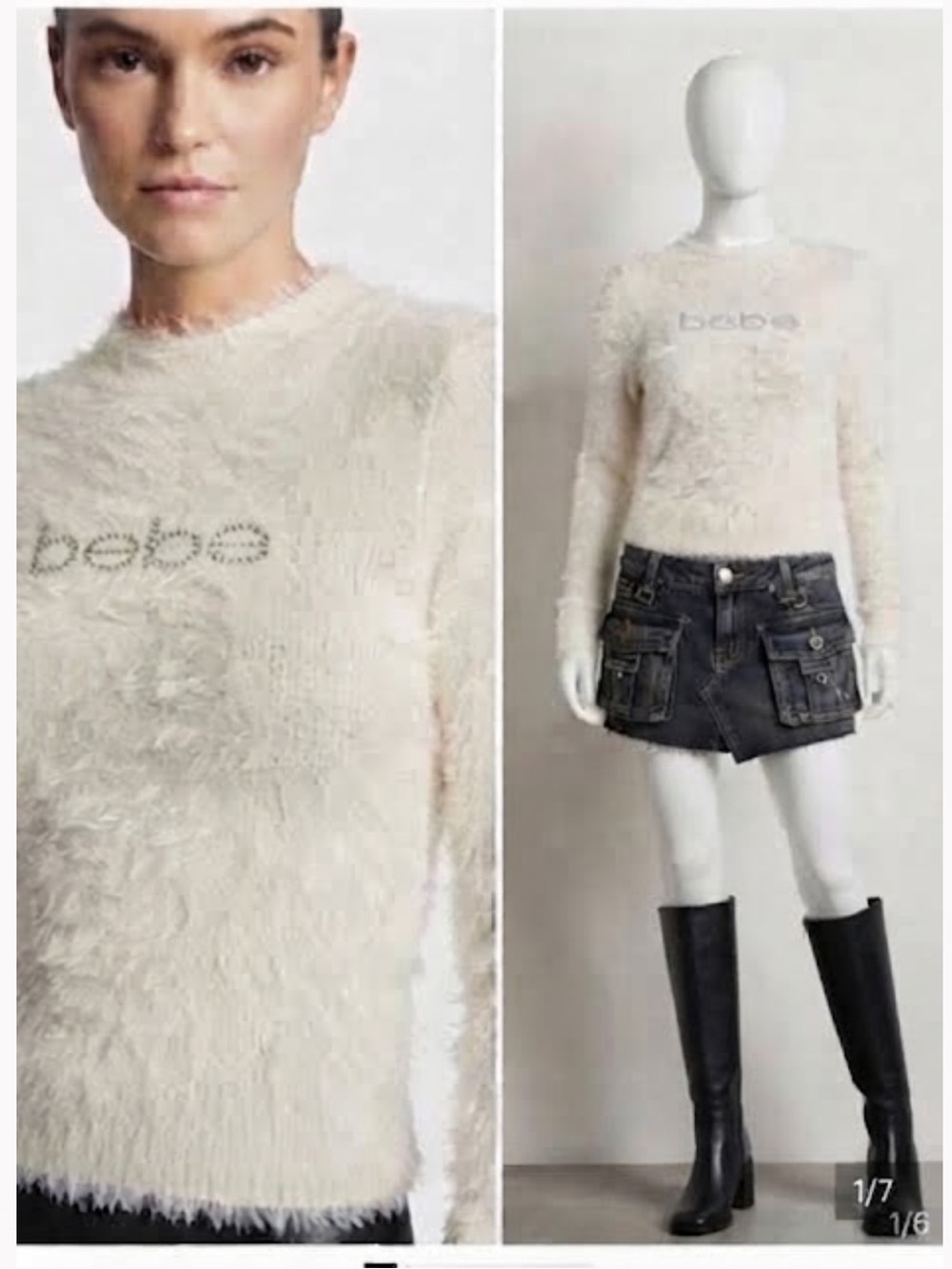Bebe Vtg Sz M White Fuzzy Eyelash Knit Sweater Rhinestone Logo